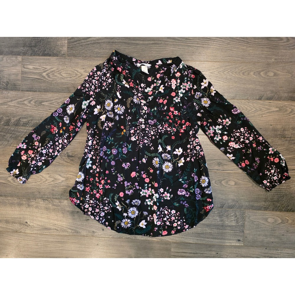 Women's‎ sz M H&M Mama Maternity Blouse Black Floral Henley Long Sleeve Viscose